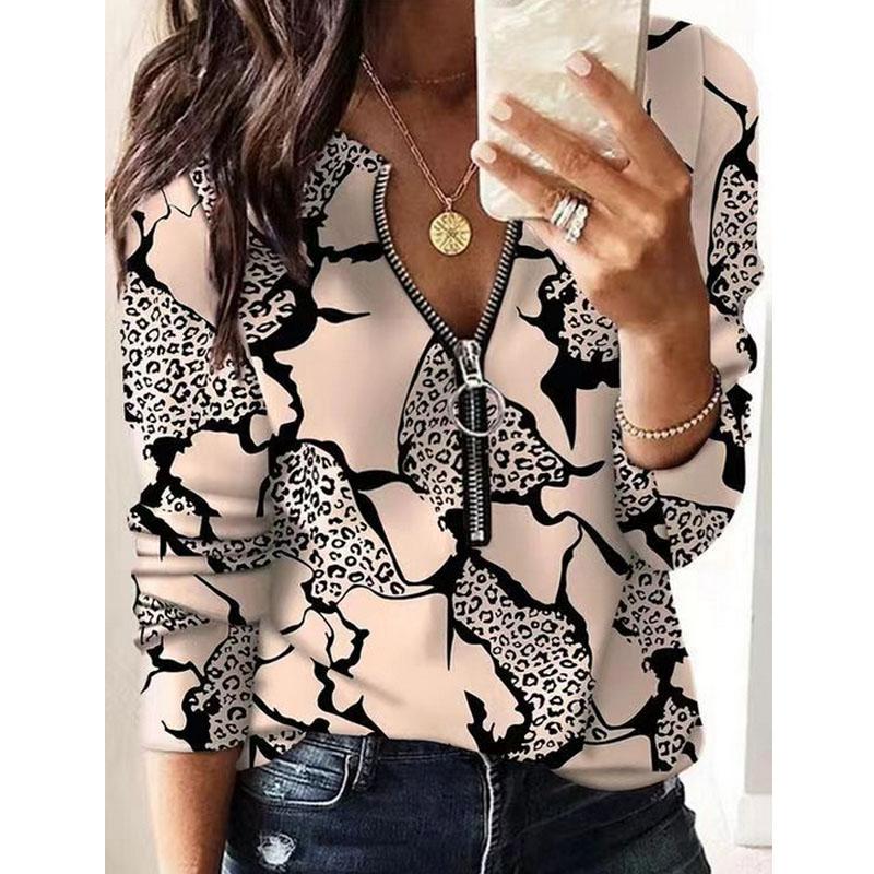 Женская осенняя футболка с длинным рукавом и застежкой-молнией с принтом