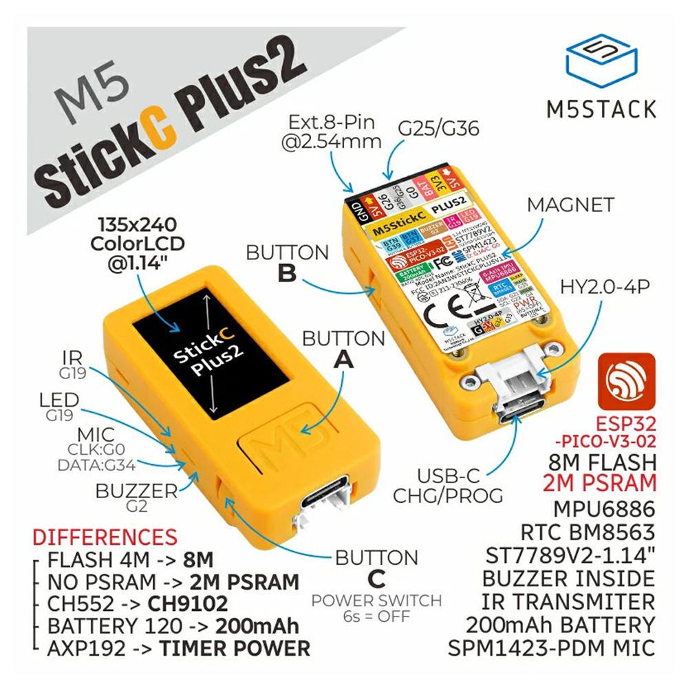 M5Stack M5StickC PLUS2 ESP32-PICO Mini IoT Development Kit IR и WiFi 1,14-дюймовый TFTScreen IoT Controller
