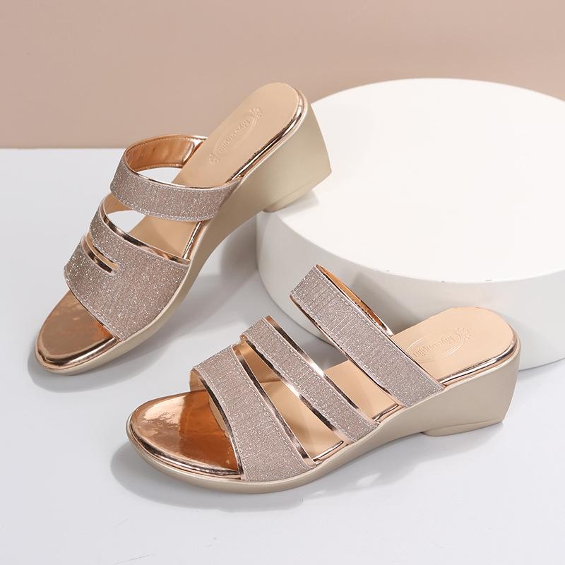 Women's Summer New Wedge Heel Sandals Women's Sequins Open Toe Roman Sandals Thick Sole Sandals