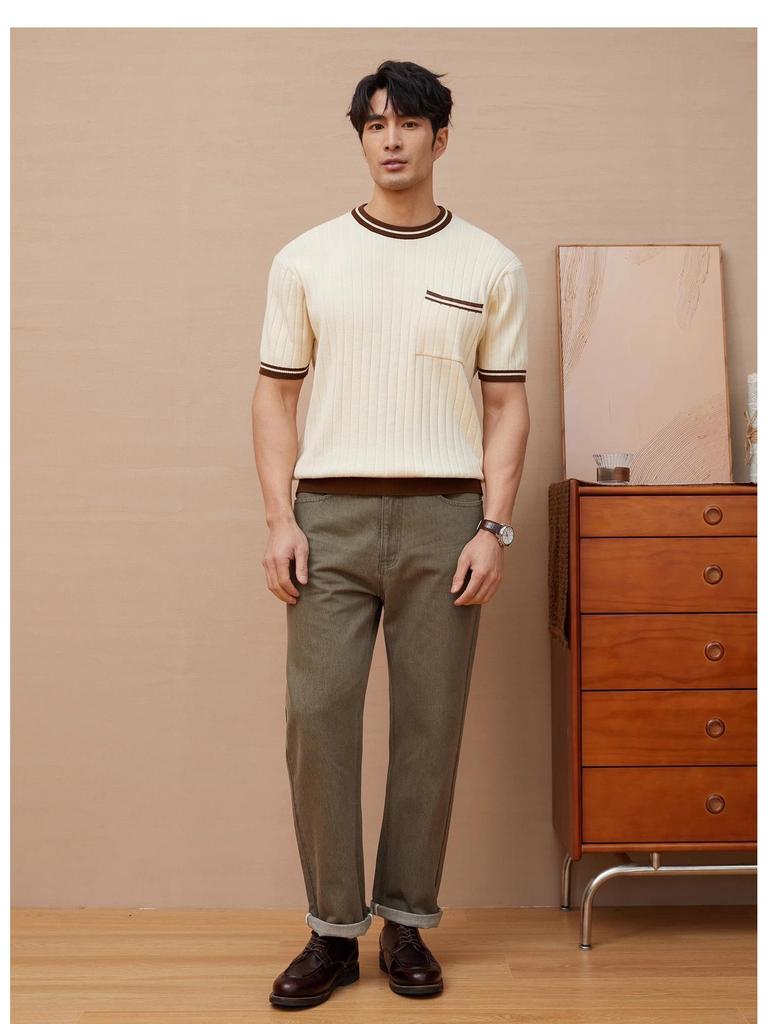 Мужская приталенная трикотажная футболка с коротким рукавом, цветными блоками и карманом - Летняя повседневная трендовая одежда