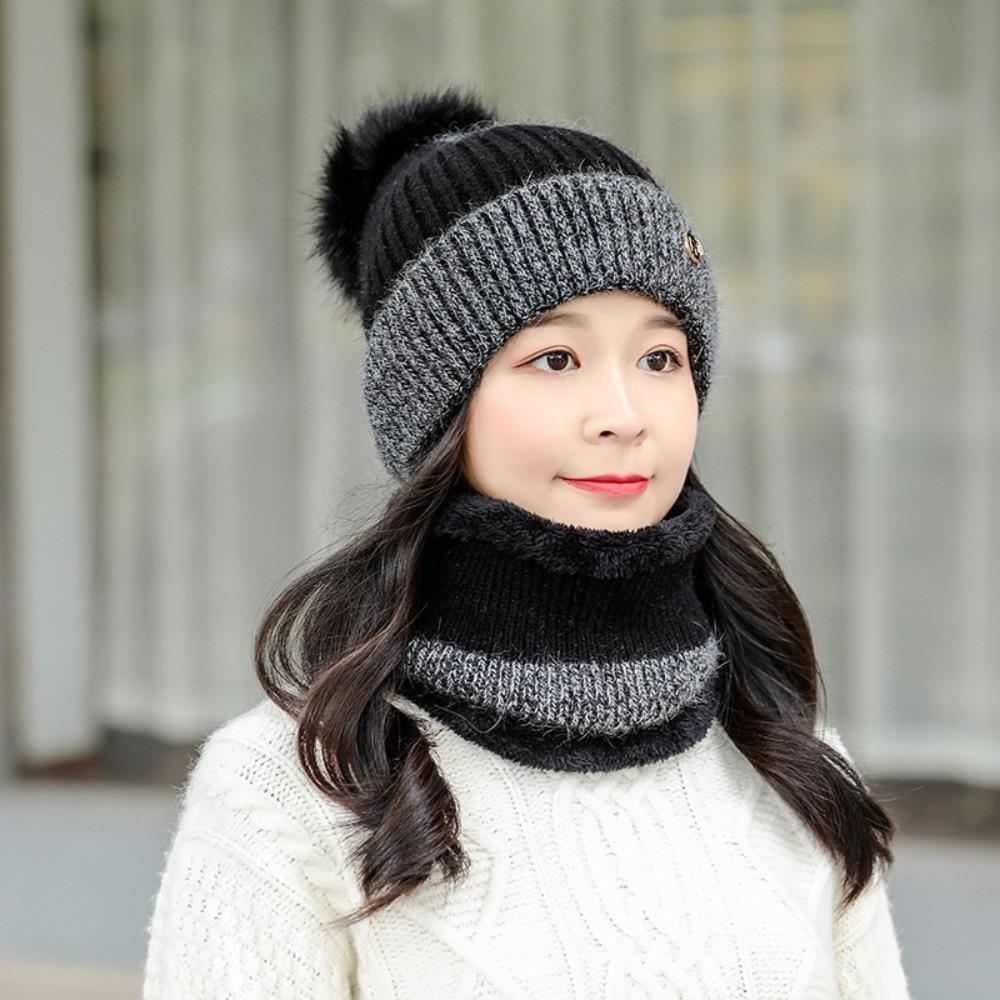 Contrast Color Winter Pullover Cap Plush Ball Beanie Hat Dome Hat Compact Scarf Gifts