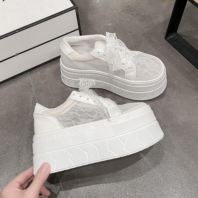 Fashion 7.5CM High Platform White Shoes Women New 2025 Summer Breathable Lace Mesh Chunky Sneakers Designer Thick Sole Sports Shoes