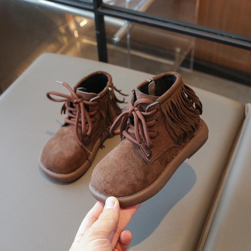 Winter Girls Tassel Boots Fashion Princess Versatile Kids Cotton Boots Children Ankle Boots Solid Color Leather Thick Bottom New