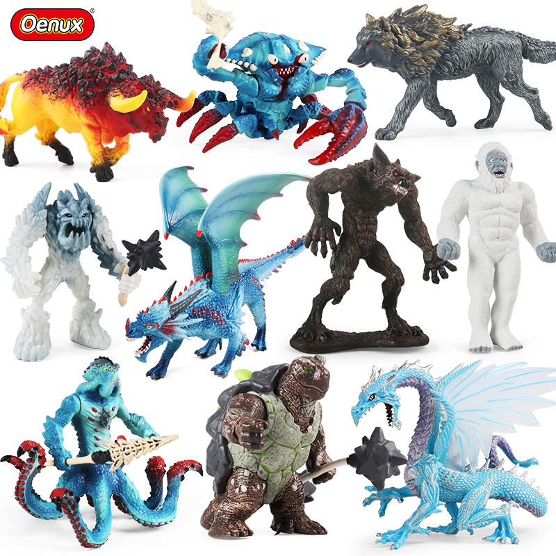 Oenux Original Savage Dinosaurs Myth Dragon Animals Model Fire Bull Octopus Monster Crab Action Figures Kids Collection Toy Gift