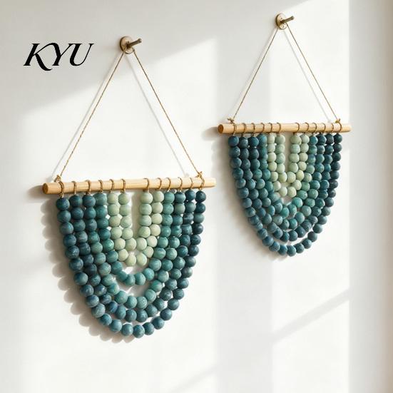 Modern Apartment Wall Hanging Boho Chic Wooden Beads Garland Tapestry, Natural-Inspired Home for Nursery Decor Living Room Bedroom Entryway