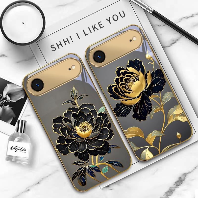 Черно-золотой цветок пиона для iPhone 17 Pro Max 16 17 Pro 15 Pro 14 13 Plus 12 Mini 11 Pro Max XR 16E 17 Air Золотой стеклянный чехол для телефона