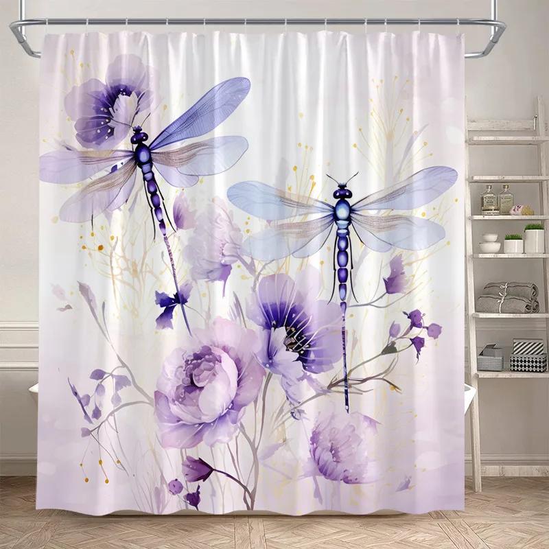 Floral Dragonfly Shower Curtains Watercolour Dandelion Rustic Flower Plants Polyester Fabric Bathroom Curtain Decor With Hooks