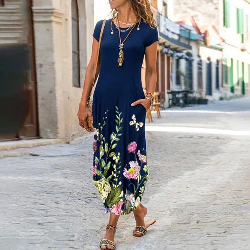 QICED Женская мода лето весна однотонный принт с коротким рукавом и круглым вырезом с высокой талией повседневные платья