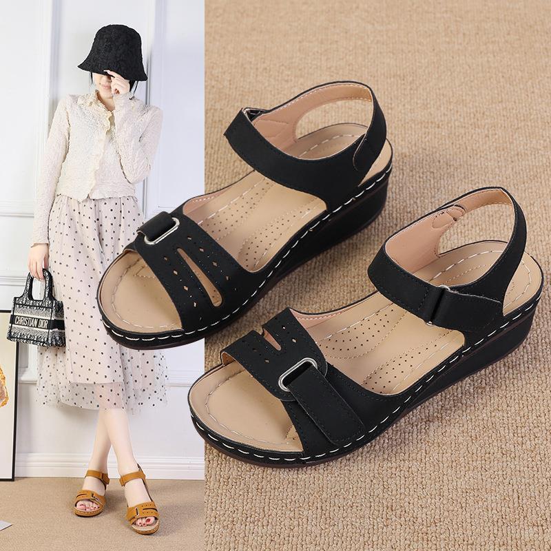 2025 new foreign trade sandals women's Amazon slope heel Velcro thick sole large size with sandals in stock