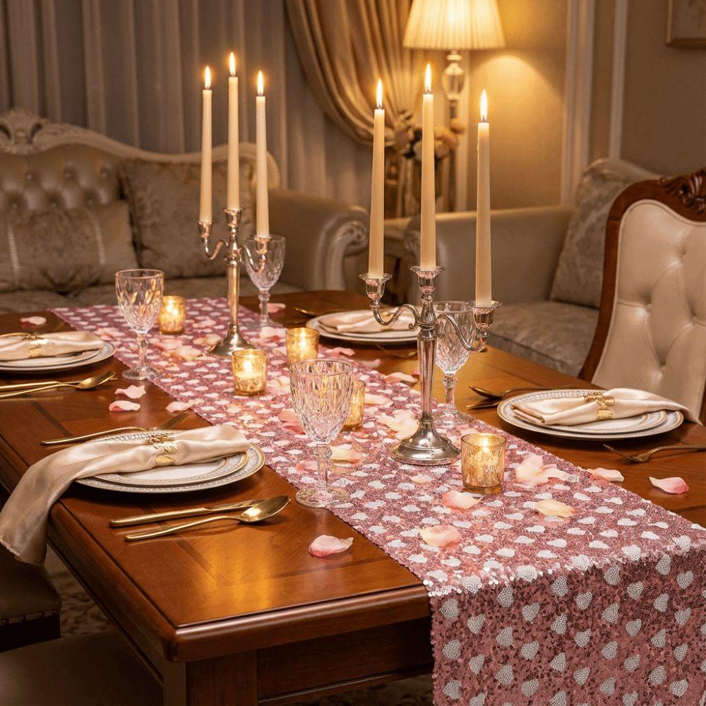 Valentines Day Sequined Mesh Table Runner Love Heart Romantic Glitter Table Linens Sparkly Surface European Table Flag
