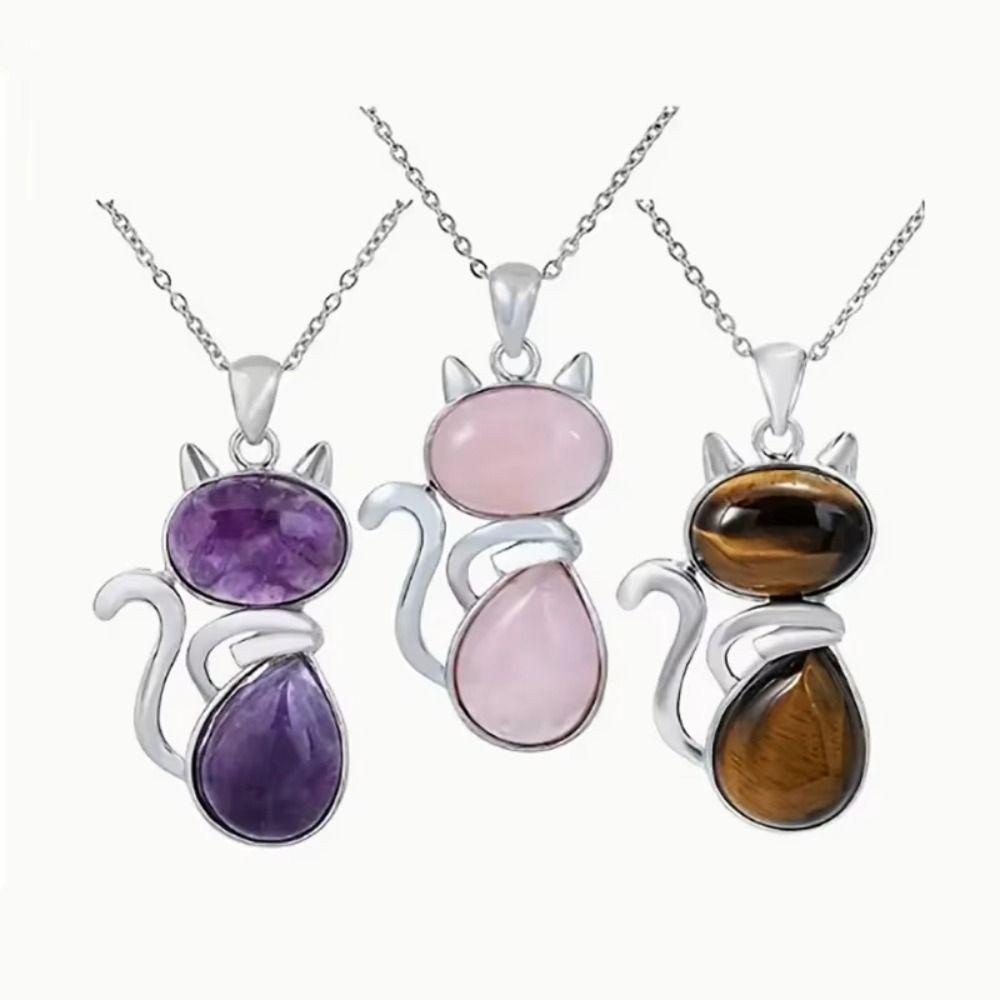 Pink Purple Stone Pendant Cute Shape Cat Jewelry Necklaces Daily Wear Cat Necklaces  Women Girl