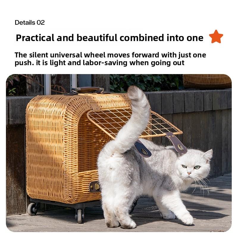 Portable Cat Carriers Stylish Pet Rolling Suitcase Large Capacity Woven Pet Travel Breathable Trolley Box for Cats & Small Dogs