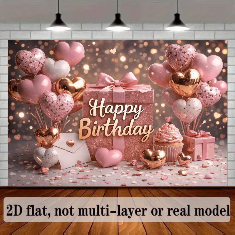 2D Rose Gold Heart Happy Birthday Backdrop Banner with Cupcake & Envelope Design