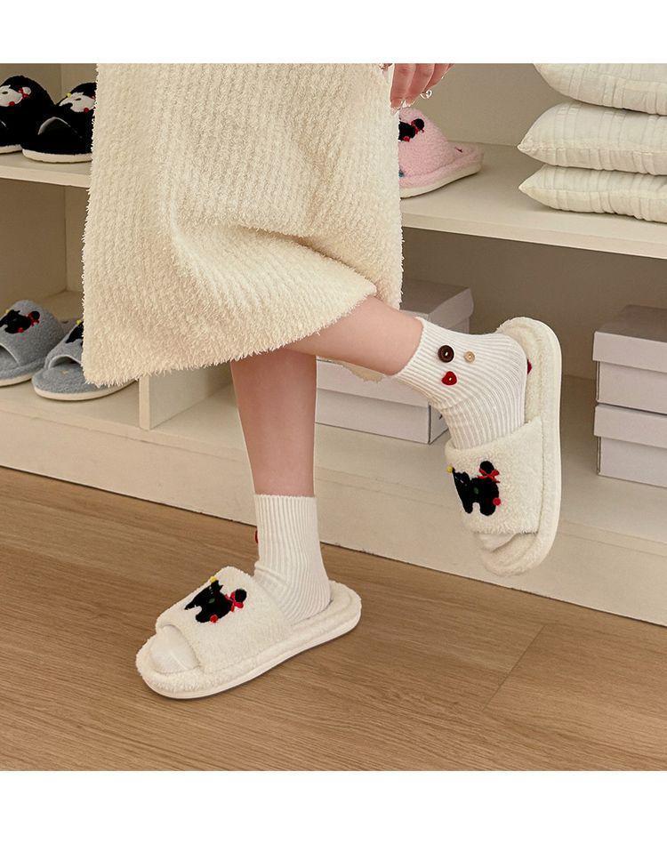 Women's Furry Open-Toe Cotton Slippers - Cute Cartoon Design for Autumn & Winter