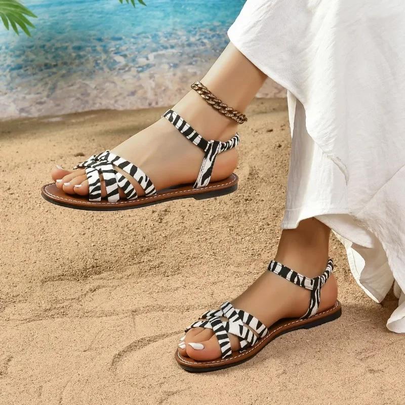Модная обувь для женщин, лидер продаж, женские сандалии с эластичной резинкой, летние, с открытым носком, с леопардовым принтом, на плоской подошве, повседневные, удобные, большого размера