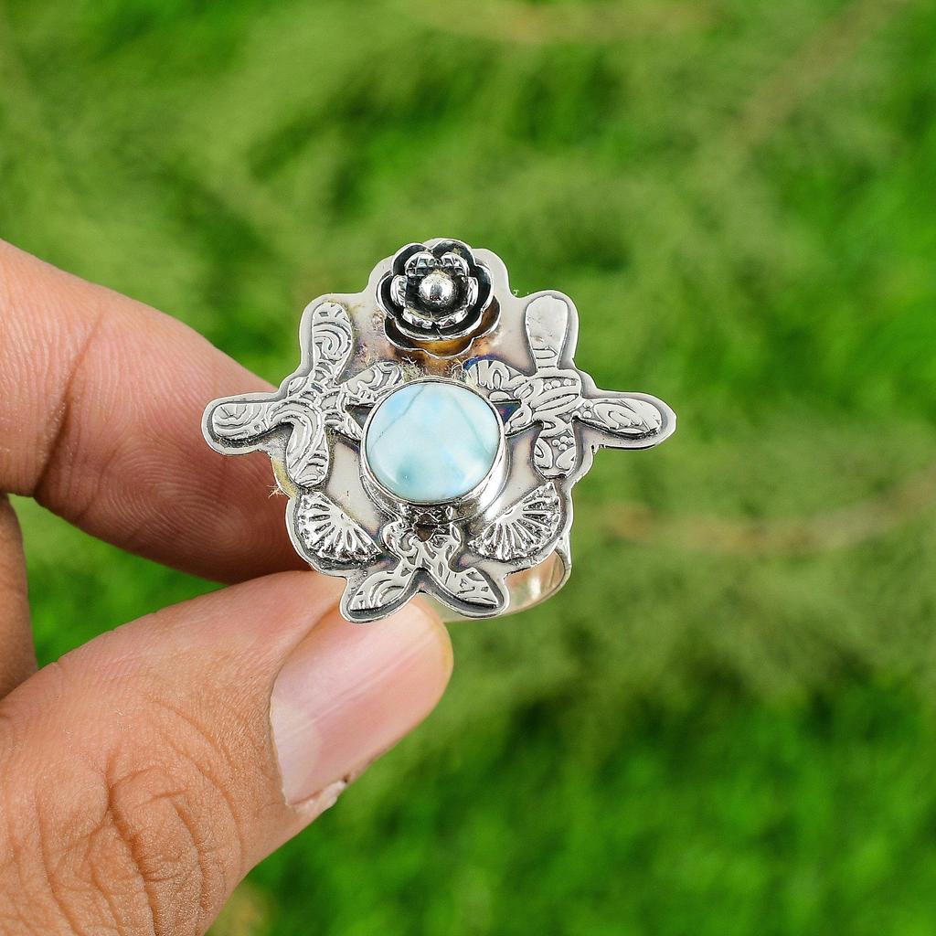 Натуральный Ларимар Драгоценный Камень Серебро 925 Пробы Кольцо Обещание Цветок Регулируемое Для Девочек