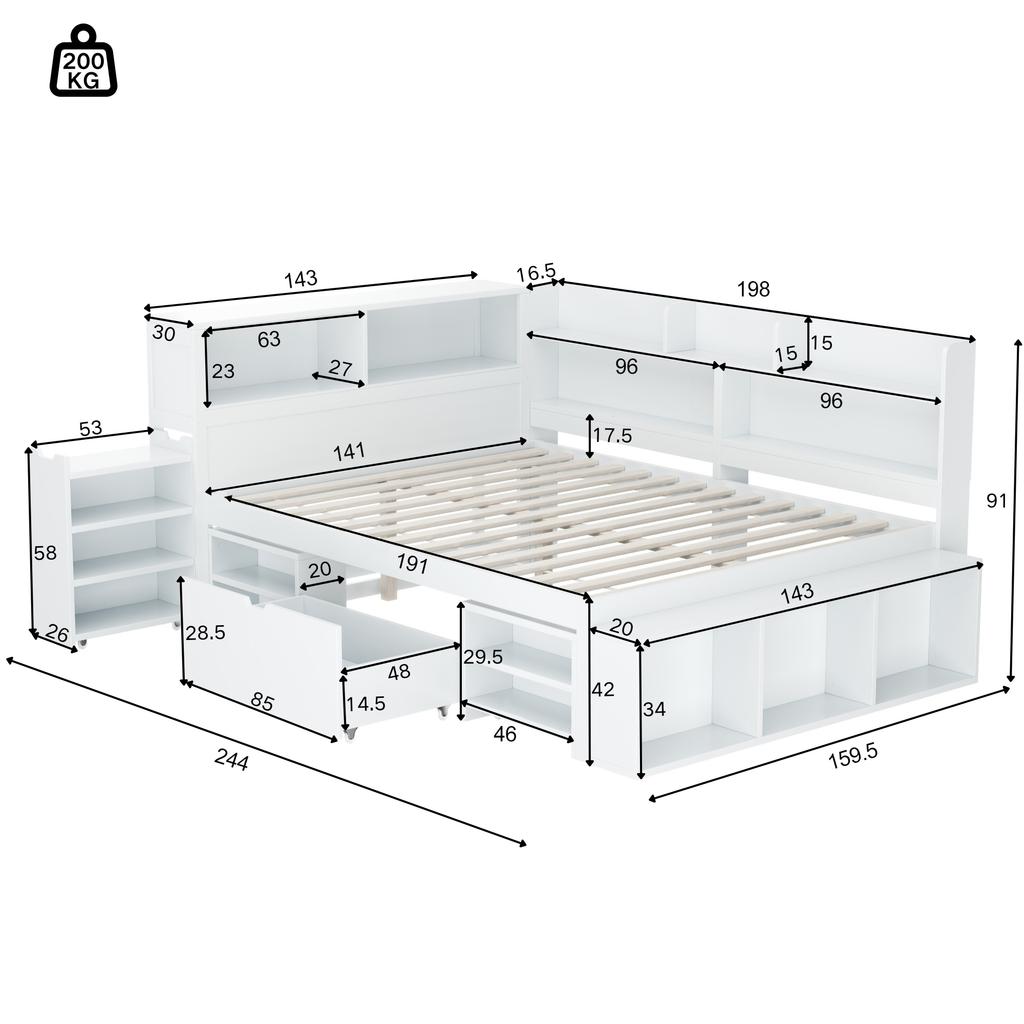 Children's bed, 140 x 190 cm, single bed, multifunctional bed with drawers and shelves, storage space, slatted frame, mattress not included, white.