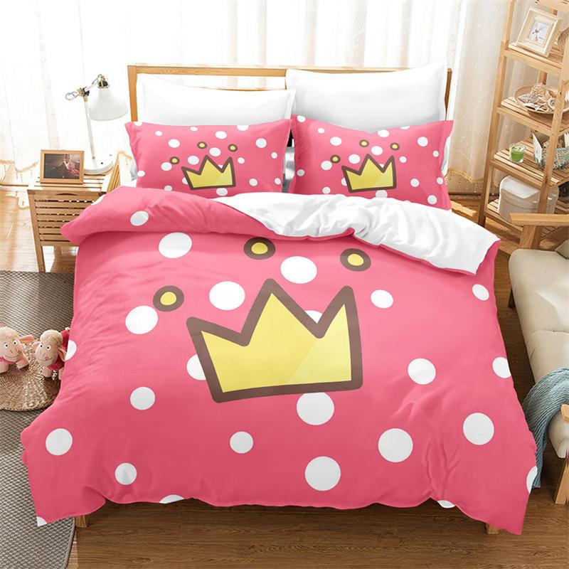Pink Romantic Theme Duvet Cover Set King Queen Size Kawaii Cute Cartoon Yellow Crown Pink For Girls Women Polyester Bedding Set