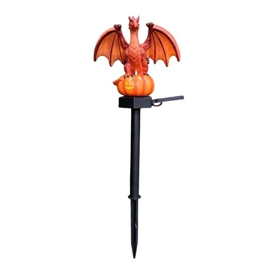 Illuminated Garden Art for Dragon Fans Solar Powered Dragon/Bat Pumpkin Statue Light, Decorative Stake Lamp, Halloween Lawn Ornament with Lights