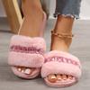 Fashion Rhinestone Fluffy House Slippers for Women 2025 Winter Warm Faux Fur Flat Slides Woman Open Toe One Strap Plush Slippers