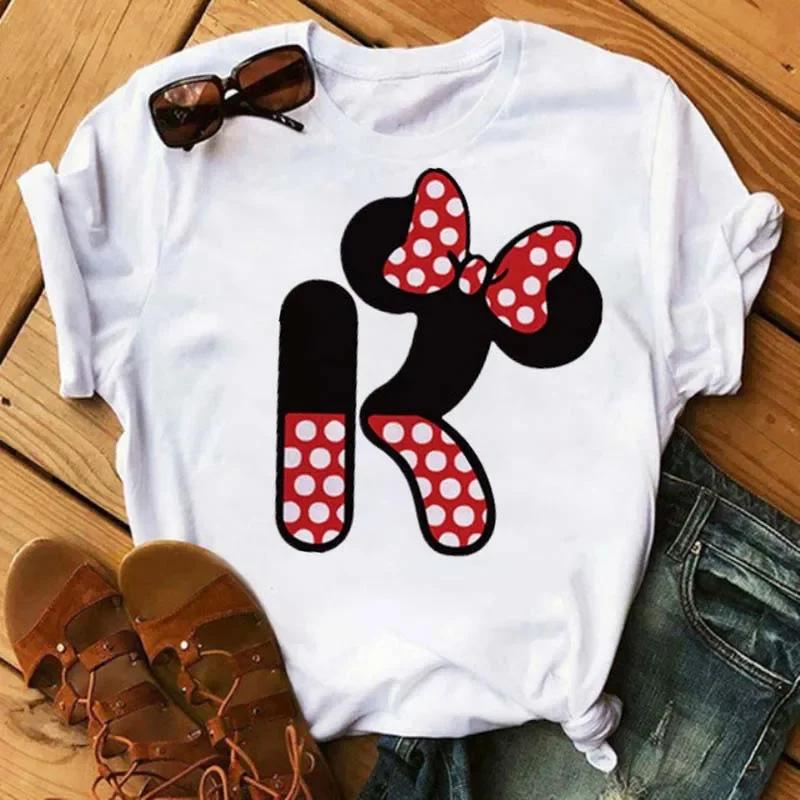 Милая футболка Disney с мультяшным Микки Маусом Женская блузка Женские топы Футболка с принтом букв Минни Белая футболка Свободная одежда для девушек в стиле хиппи