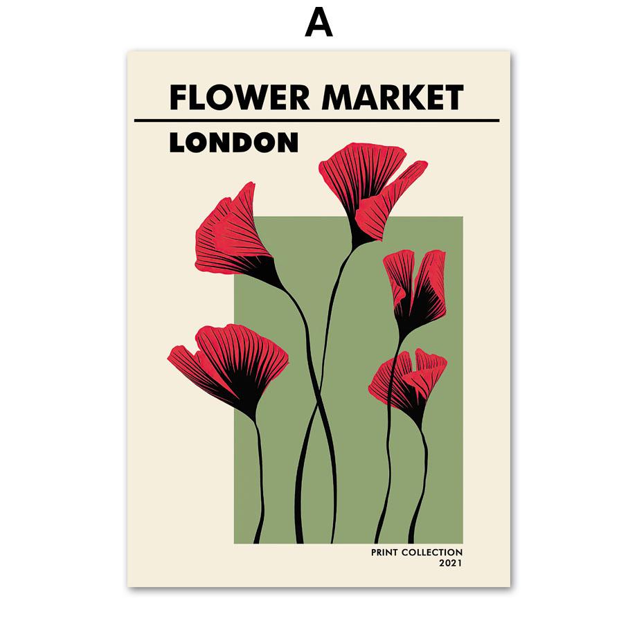 Цветочный рынок Роза Скандинавские постеры Лондон Токио Печать настенное искусство Зеленый холст Картина Абстрактные настенные картины для декора гостиной