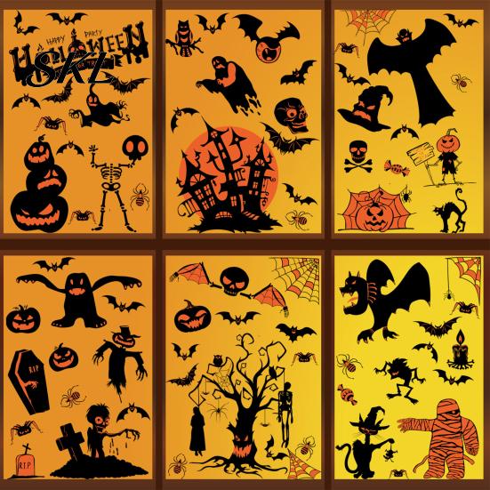 Non-adhesive Halloween Decals 9 Sheets Window Clings, Happy Pumpkins Witch Ghost Bats Castle Clings Stickers, PVC Waterproof for Home Classroom Party