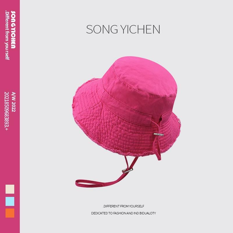 HyunA Style Colorful Spring Sun Hat: Large Brim Fisherman Hat with Fur-Edged Rope, Ideal for Vacation, Sun Protection & Street Photography.