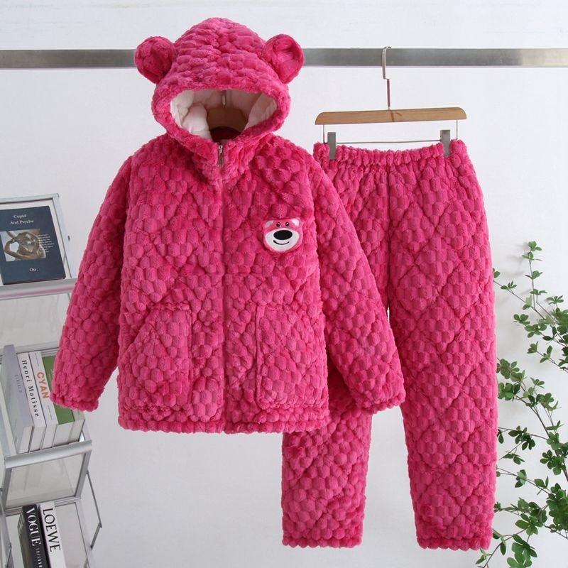 Утепленная пижама женская зимняя трехслойная коралловый флис с хлопковой подкладкой можно носить на улице, плюс милый комплект для дома