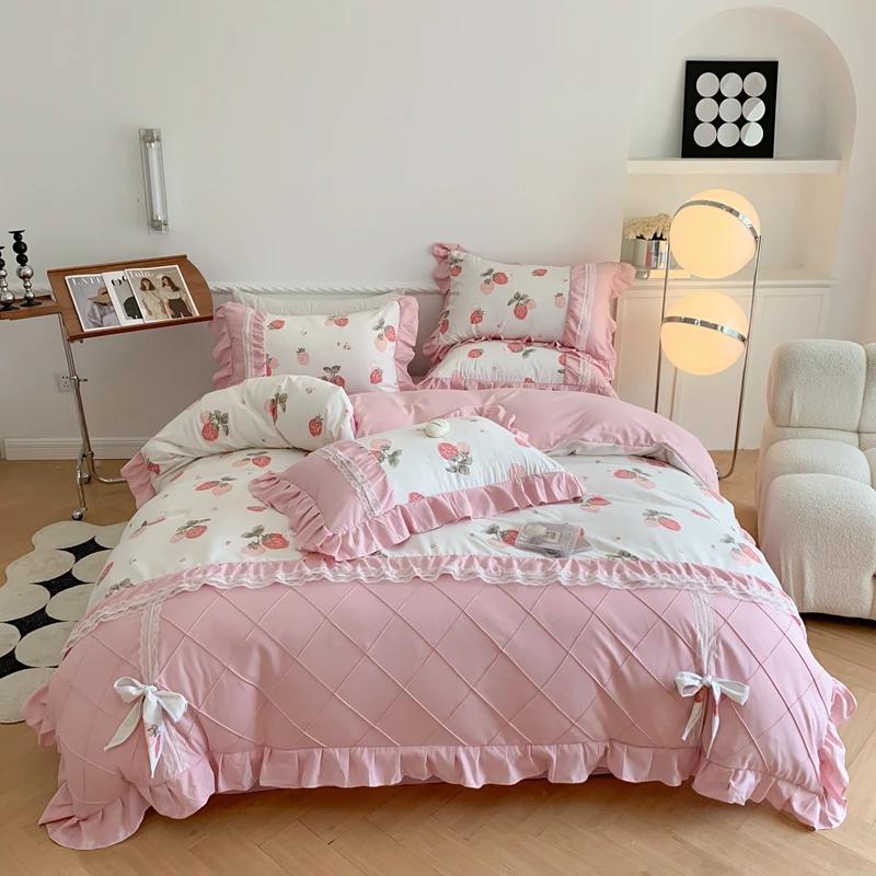 4Pcs Princess Bow Korean Duvet Cover With Ruffle Lace Luxury Bedding Set Bed Sheet For Girls Flower Bedspread Decor Home