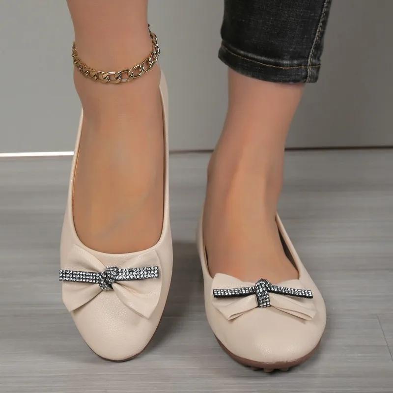 2024 Новый стиль с круглым носком и неглубоким вырезом, с бантом на весну и осень, украшенный стразами, универсальная однотонная верхняя одежда