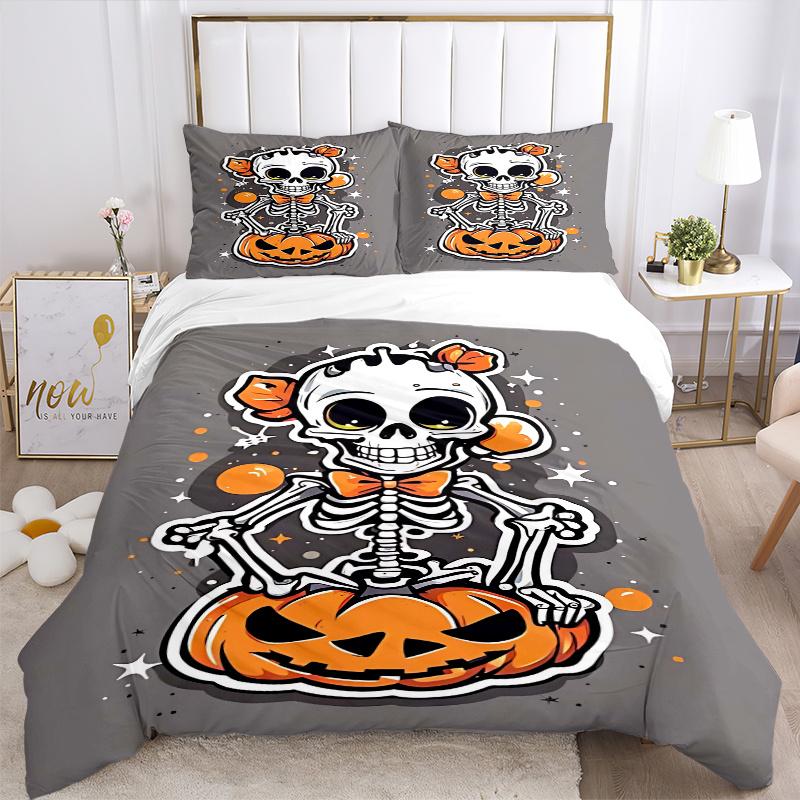 3pcs Pumpkin Skeleton Bedding Set - 1 Soft Quilt Cover + 2 Pillowcases, Machine Washable - Suitable for All Seasons, Perfect Gift for Family