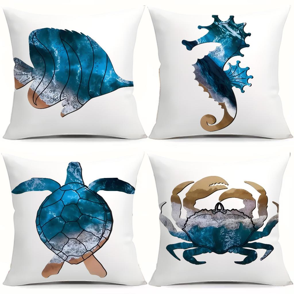 Fish, Seahorses, Sea Turtles Digital Printing Pillow Cover Short Plush Suitable Living Rooms Bedrooms Sofas Throw Cushion Cover