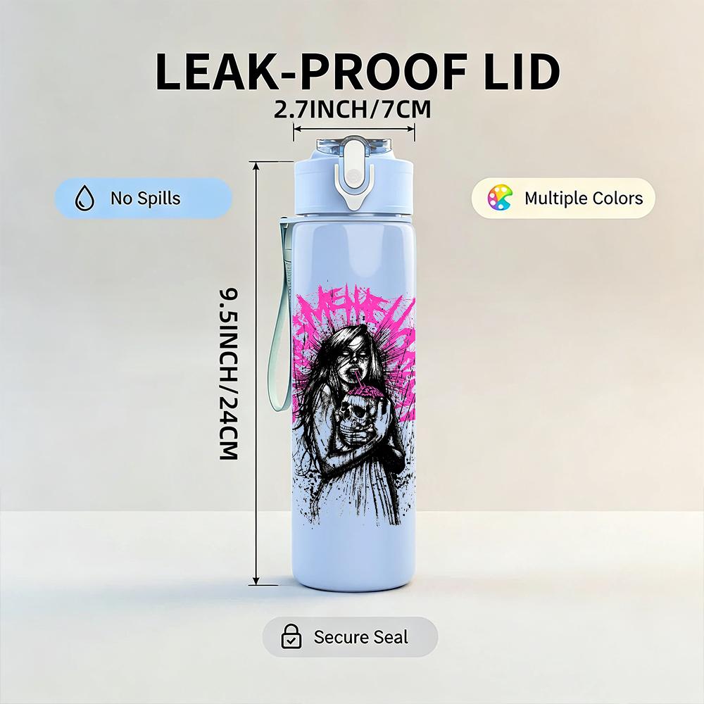 1PC Pink spiky hair female band print 750ml colorful plastic sports water bottle leakproof pop up lid with straw for outdoor work home use