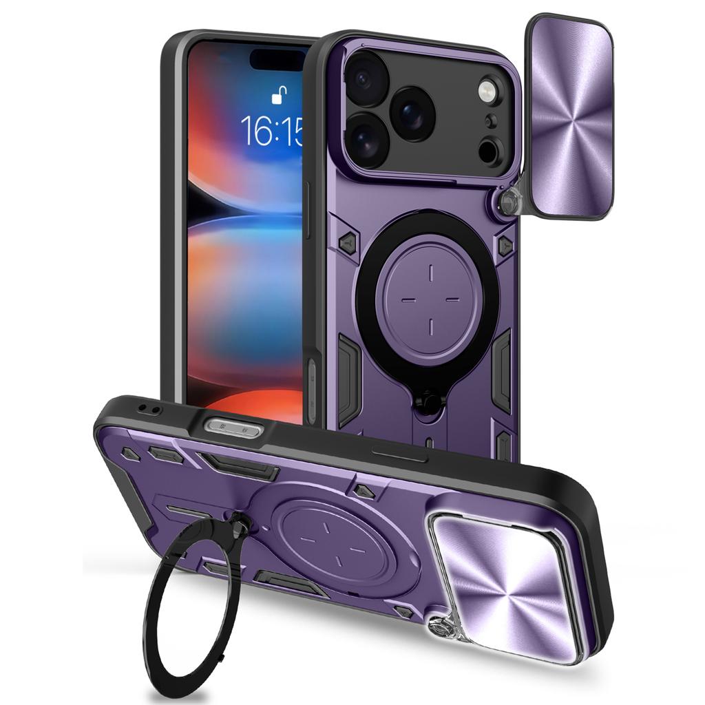 Чехол для iPhone 17 Pro Max из ТПУ + ПК с подставкой, сдвижное окно для камеры