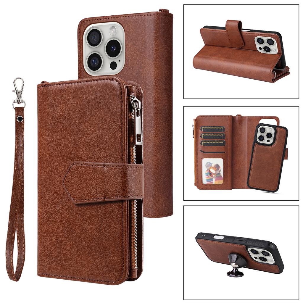 Магнитный кожаный чехол для iPhone 16 Pro, чехол для мобильного телефона со съемным кошельком на молнии и ремешком