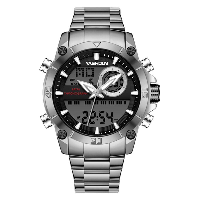 Часы с двойным механизмом, электронные часы со стальным ремешком, деловые кварцевые часы, водонепроницаемые, многофункциональные спортивные мужские часы