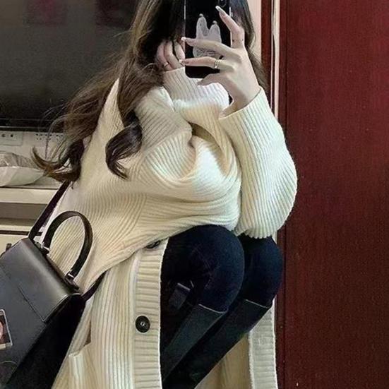 Women Sweater Coat V-Neck Long Sleeve Solid Color Knitting Coat with Large Pockets Mid-Length Loose Fit Sweater Cardigan