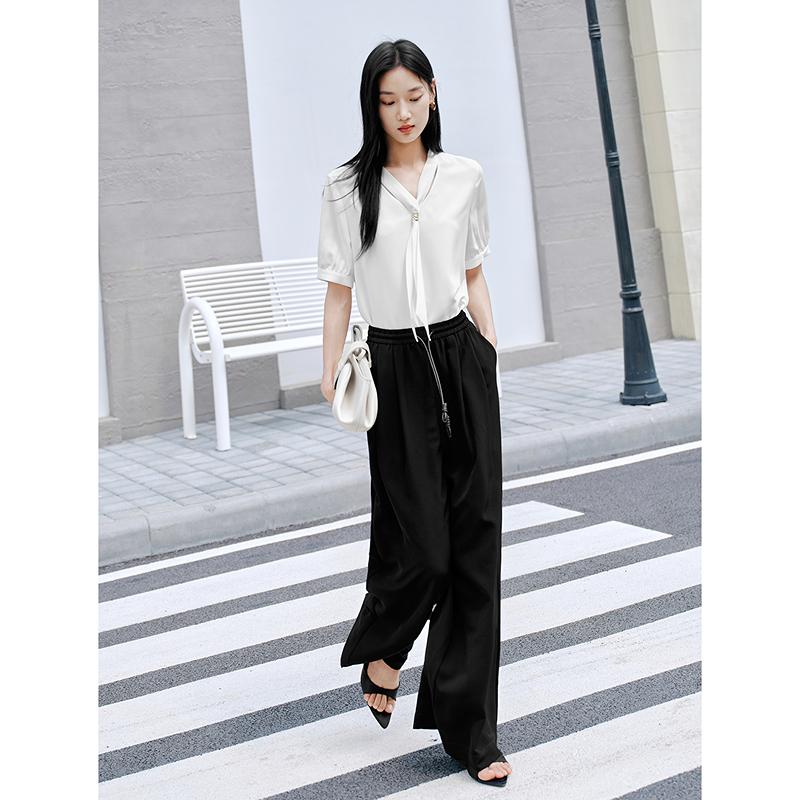 Jiuzi Anna Kou Commuting Style Elastic Waist Leather Rope Strap Drop Straight Leg Pants Casual Pants for Women