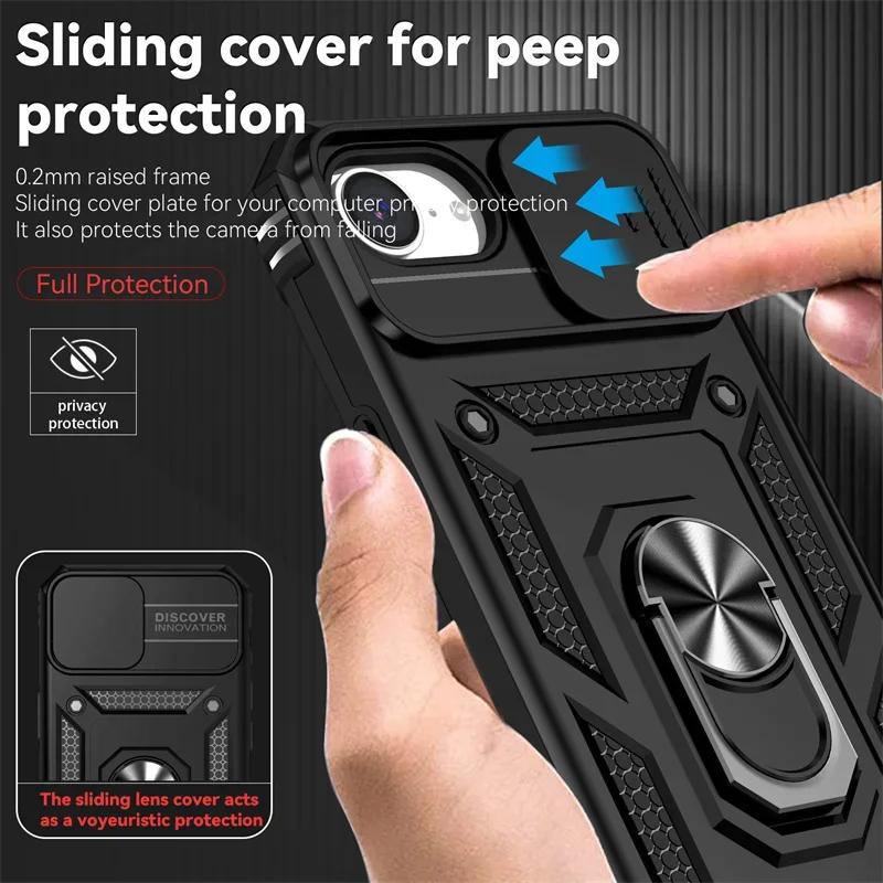 Бронированный чехол для iPhone 16e 16 15 14 13 12 11 Pro Max Plus Чехол Сдвижная защита камеры Защитное кольцо Держатель Ударопрочная крышка