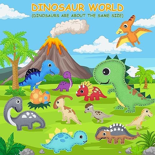 Kids Sewing Kit 14 Pieces Dinosaur Felt Craft Set, DIY Beginner Sewing Kit with Stuffing Yarn Scissors, Educational Creative Art Gift for Boys Girls