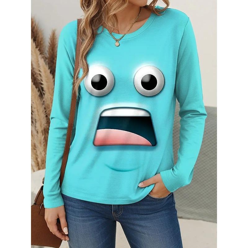 3D Топ с принтом забавного лица, повседневные женские футболки с длинным рукавом - Мягкая полиэстеровая ткань средней эластичности, одежда свободного кроя для весны и осени