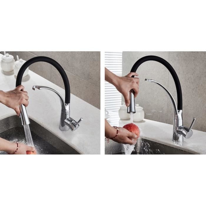 Robinet de cuisine - Noir-Chrome - Flexible - Bec orientable - 1 poignée - Laiton