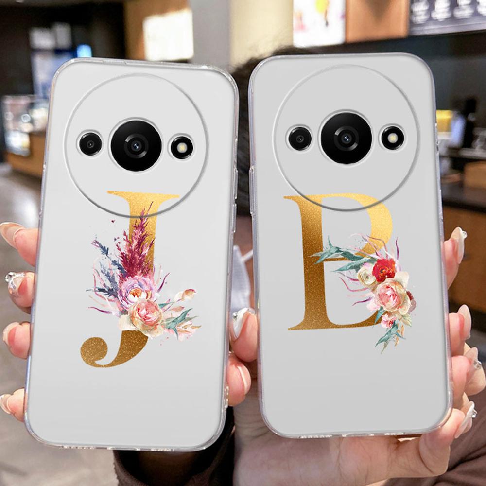 Чехол для телефона Xiaomi Redmi A3 redmia3 Прозрачный силикон Защита камеры Цветы Золотые буквы A-Z Прозрачная крышка
