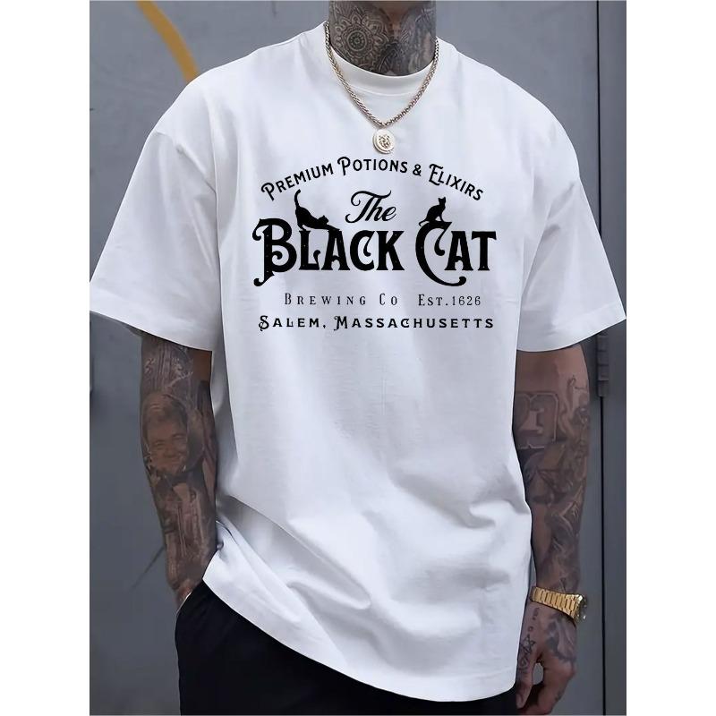European sizes Men'S Premium T-Shirt | Vintage-Inspired "Junior Wine and Spirits" and Cat Graphic Print, Soft Breathable Round Neck Short Sleeve Tee