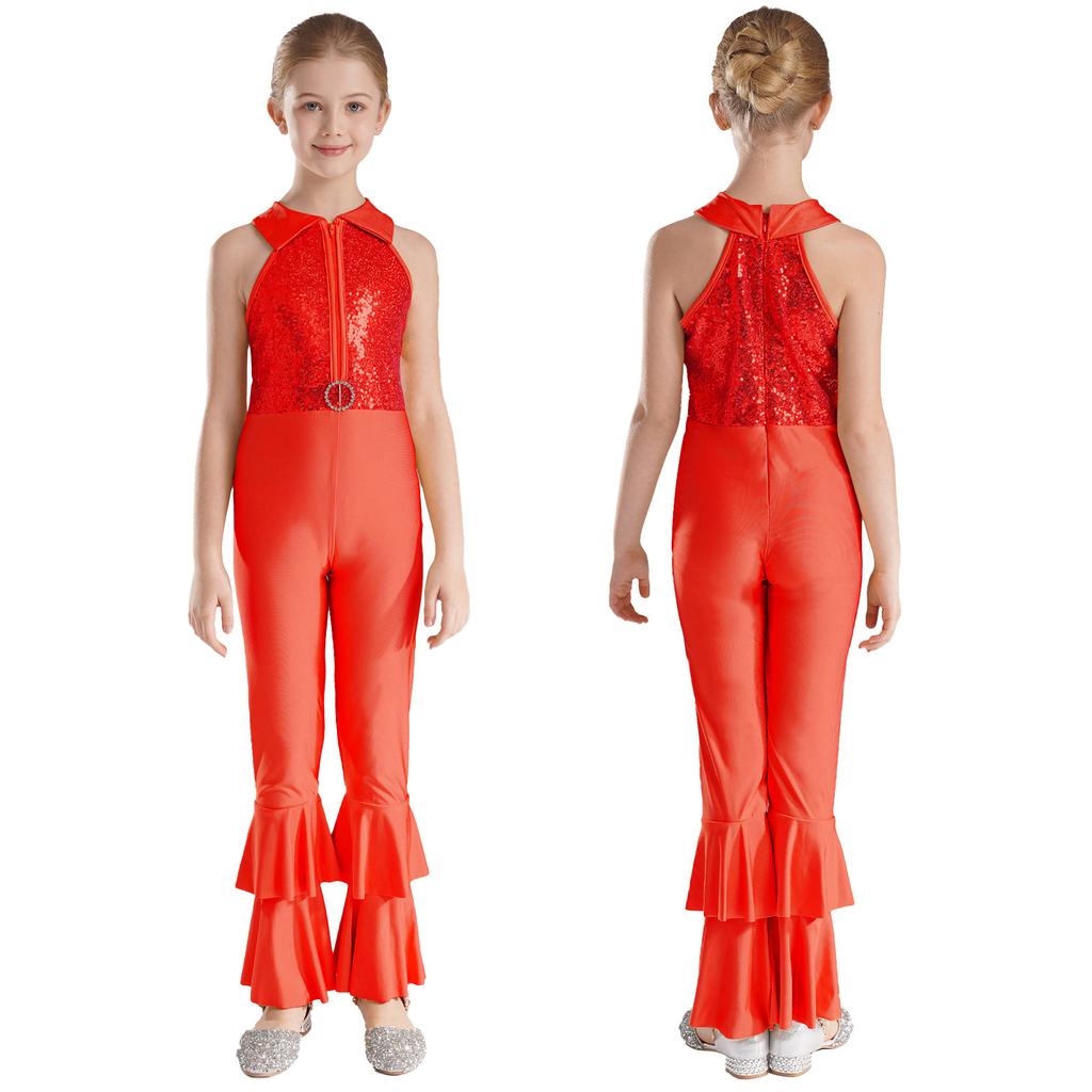 Kids Girls Unitards Bodysuit Sleeveless Tiered Bell-bottom Pants Style Dance Gymnastic Leotard Jumpsuit