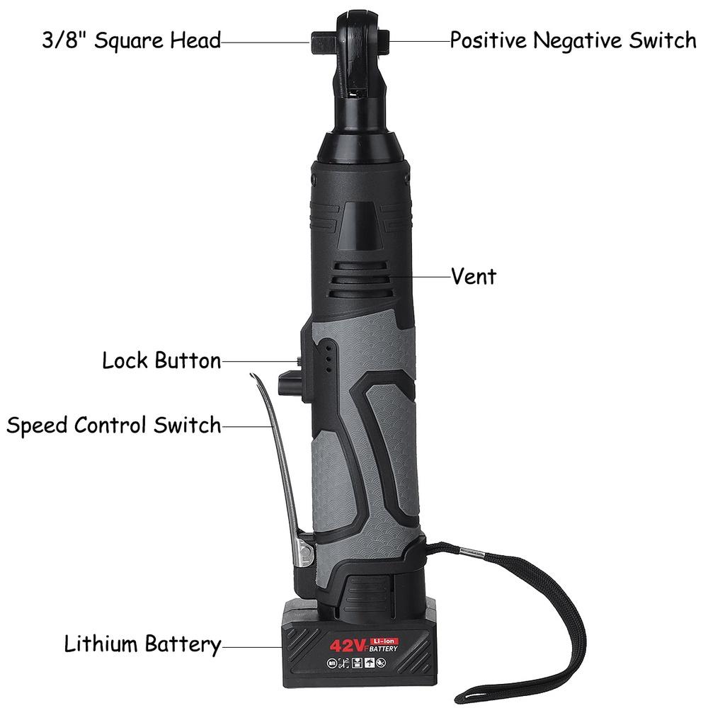 42V 100N.m Cordless Electric Wrench 3/8 Ratchet Wrench Set Angle Drill Screwdriver Wrench Tools with 2xBattery Charger