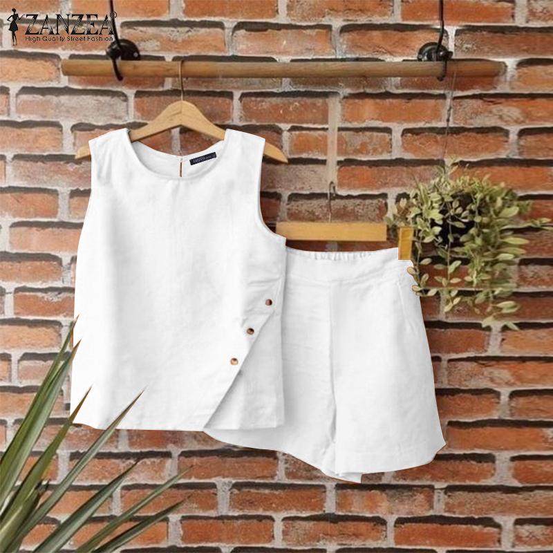 ZANZEA Женские летние свободные топы и шорты без рукавов с круглым вырезом и карманами на пуговицах, комплект из двух предметов