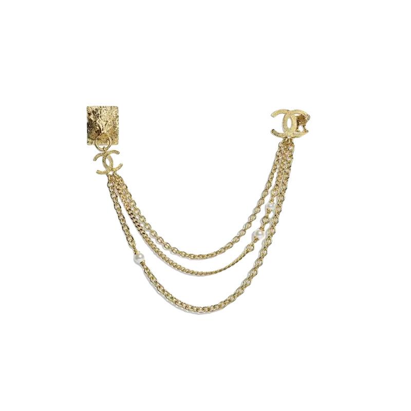 Chanel Классическая брошь-цепочка с головой льва и жемчугом, двойное C, металл, одинаковый стиль для мужчин и женщин, золотая