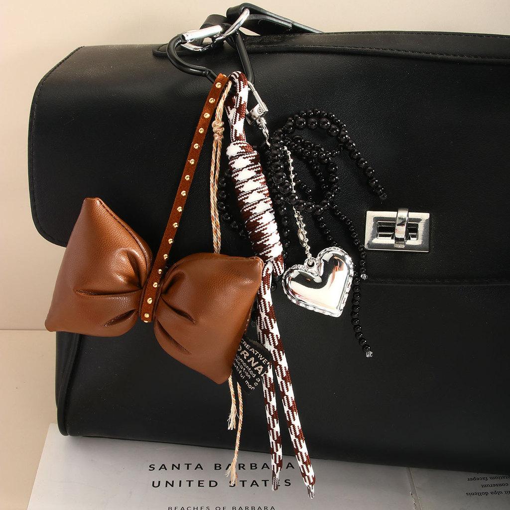 Handmade Pearl Butterfly Heart Bag Charm With Brown Bow For Fashion Accessories